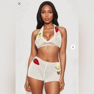 Crochet Shorts Set Halter Top Fruit Pattern White Small